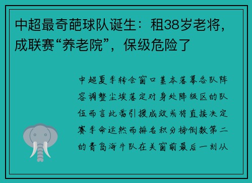 中超最奇葩球队诞生：租38岁老将，成联赛“养老院”，保级危险了