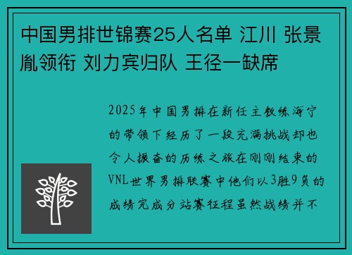 中国男排世锦赛25人名单 江川 张景胤领衔 刘力宾归队 王径一缺席